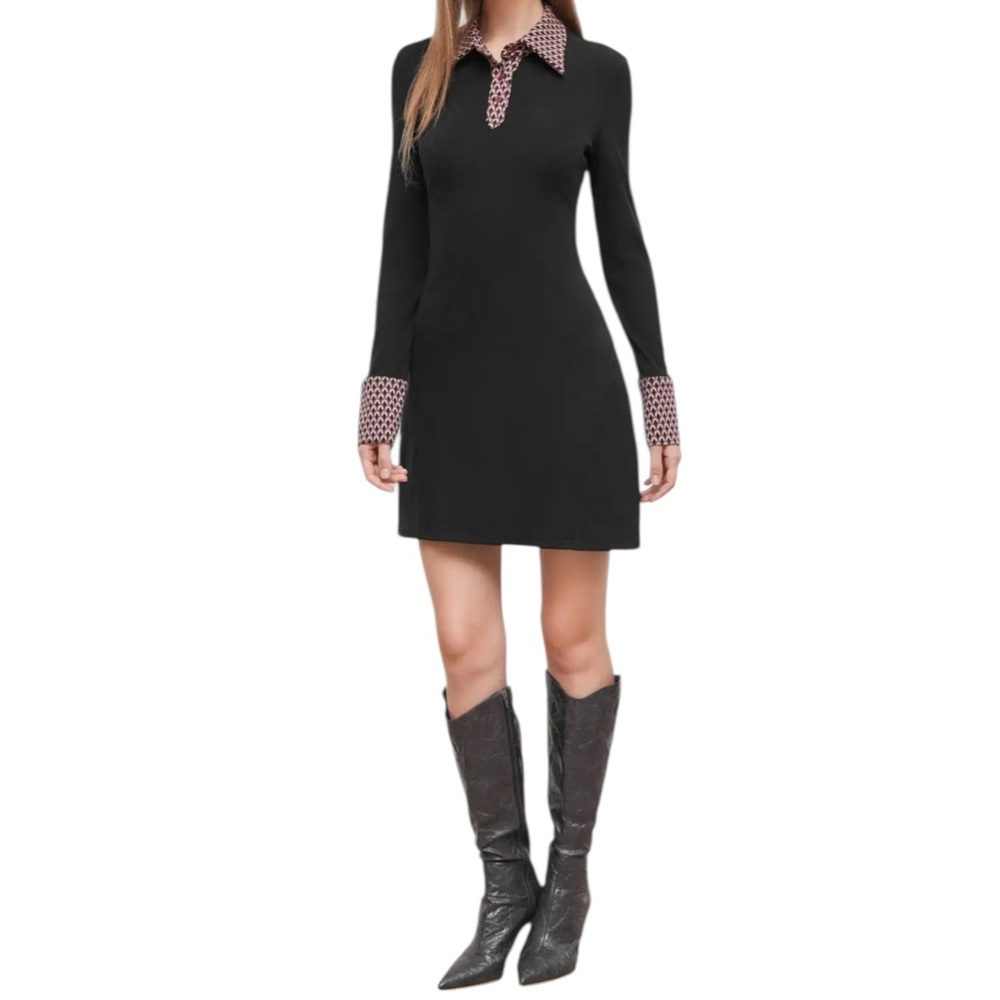 Cider Black Geometric Collar Cuff Long Sleeve Shift Mini Dress NWT Size M